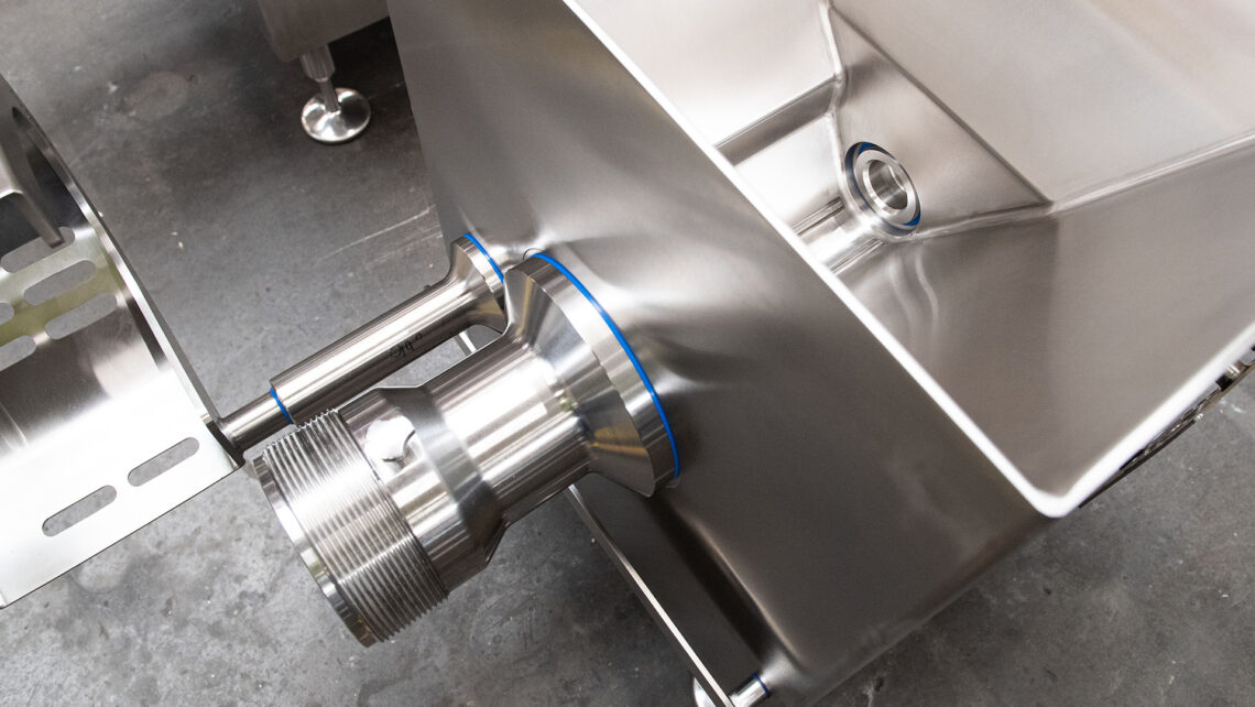 Stainless-steel meat-grinder body with a blue SKF seal